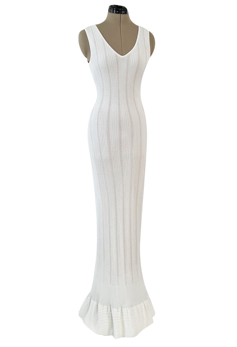 Mid 2000s Azzedine Alaia Supermodel Length White Knit w Nude Underlay Illusion Dress