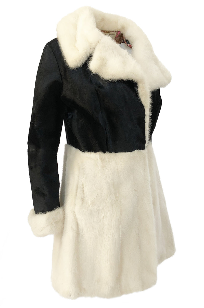 1960s Mod Black and Ivory Contrasting Graphic Fur Coat w Paisley Lining