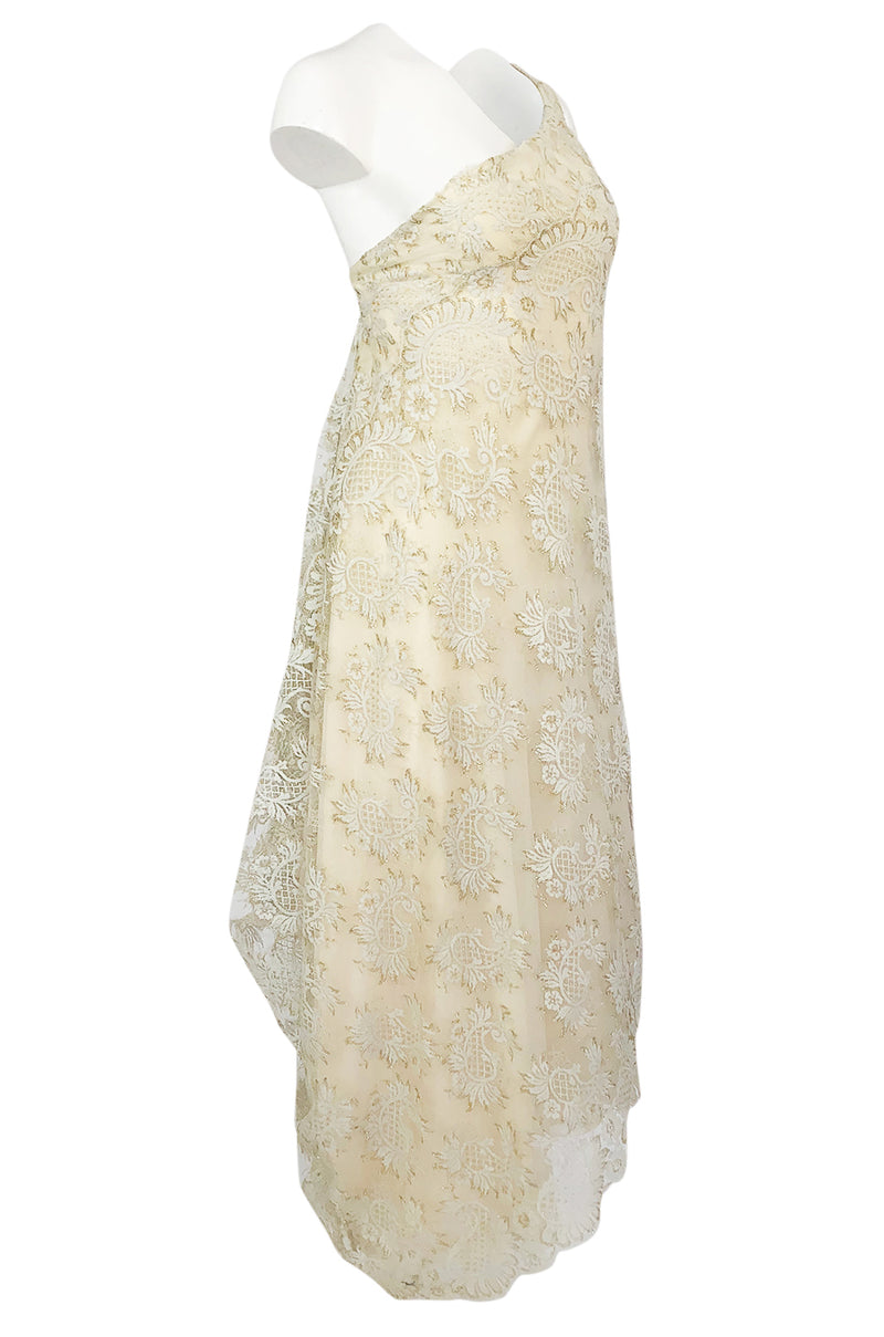 1970s Stavropoulos Gold Metallic & Ivory Lace One Shoulder Dress