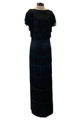 Extraordinary 1930s Black Silk Sheath Dress w Head to Toe Rows of Black Fringe