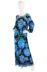 1970s Blue Print Silk Jersey Pucci Caftan Dress