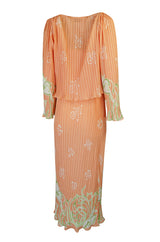 1970s Bill Tice Peach Print Halter Dress & Jacket Pleat Set