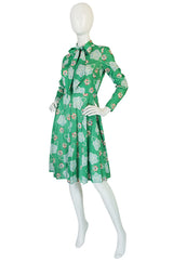 1970s Apple Green Print Washable Jersey Secretary Dress