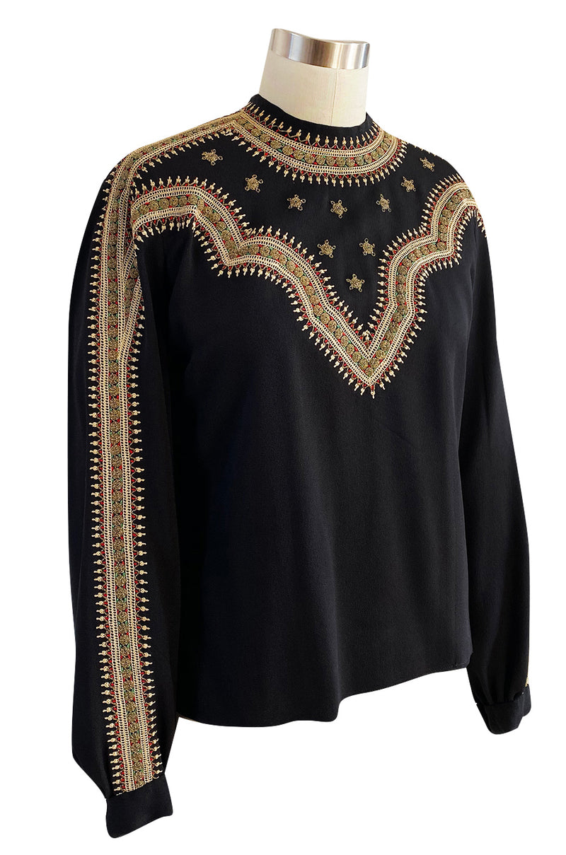 Stunning 1940s Black Silk Crepe Top w Extensive Hand Embroidered Neckline & Sleeves