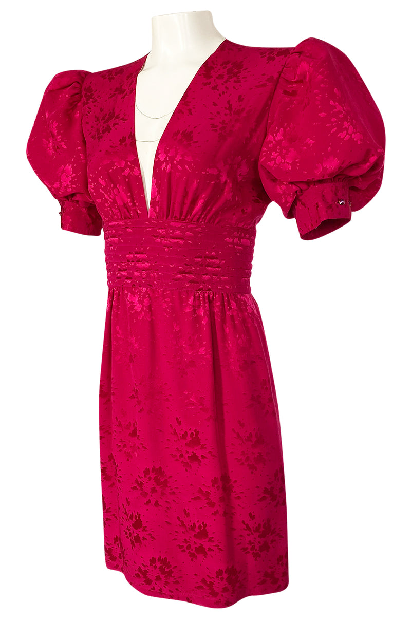 1980s Wayne Clark Pink Silk Plunging Neckline & Huge Pouf Sleeve Dress