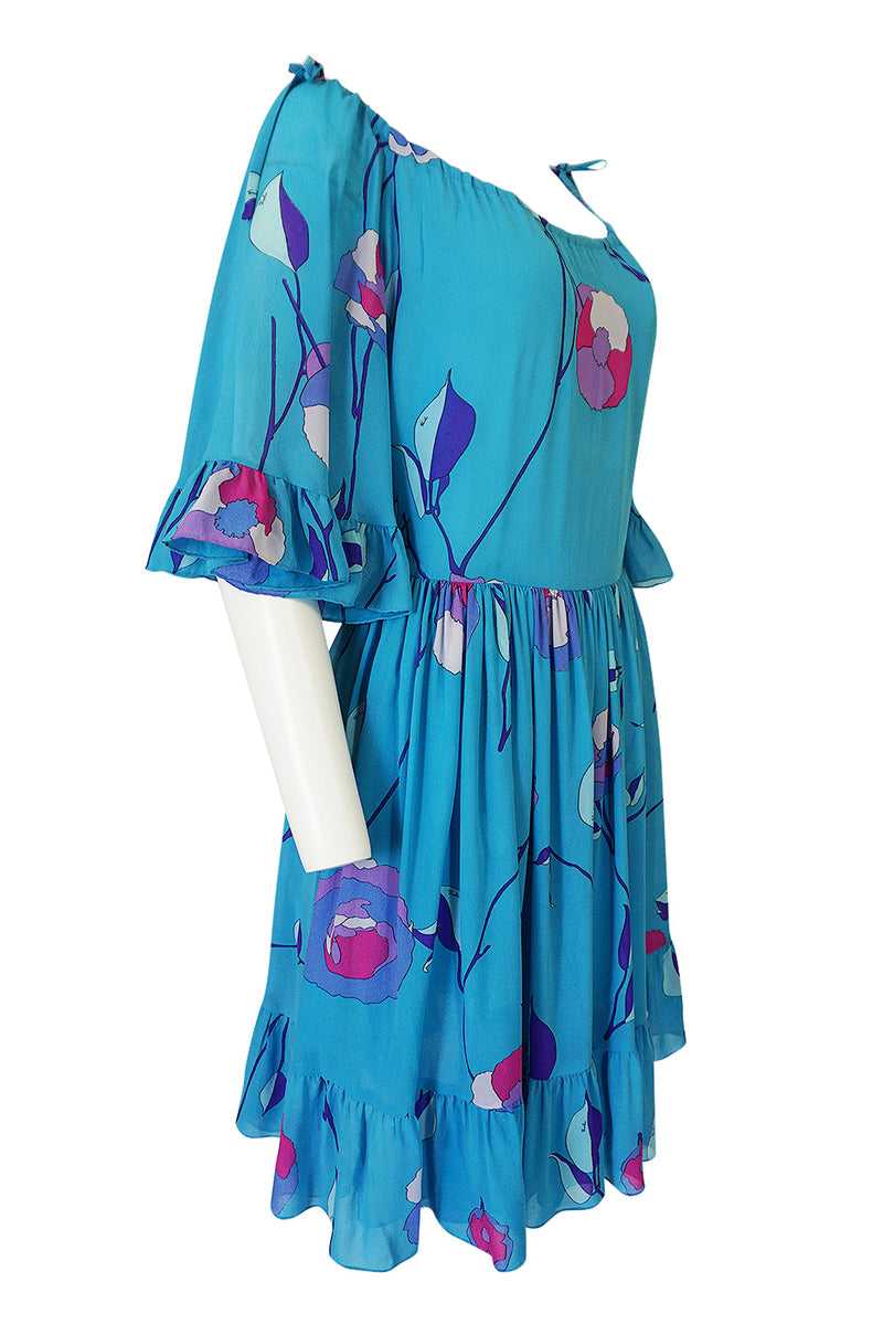 1970s Emilio Pucci Turquoise Silk Chiffon Off Shoulder Dress