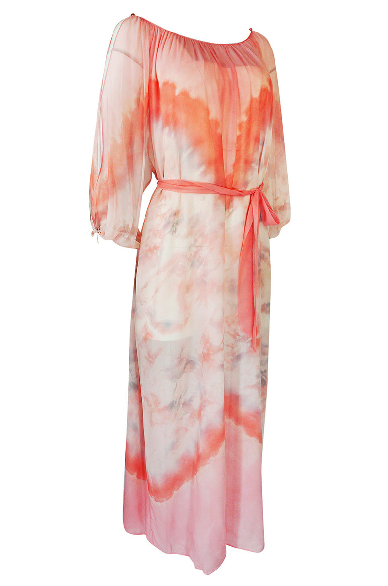 1970s Lillie Rubin Pink & Cream Tie Dye Silk Chiffon Dress