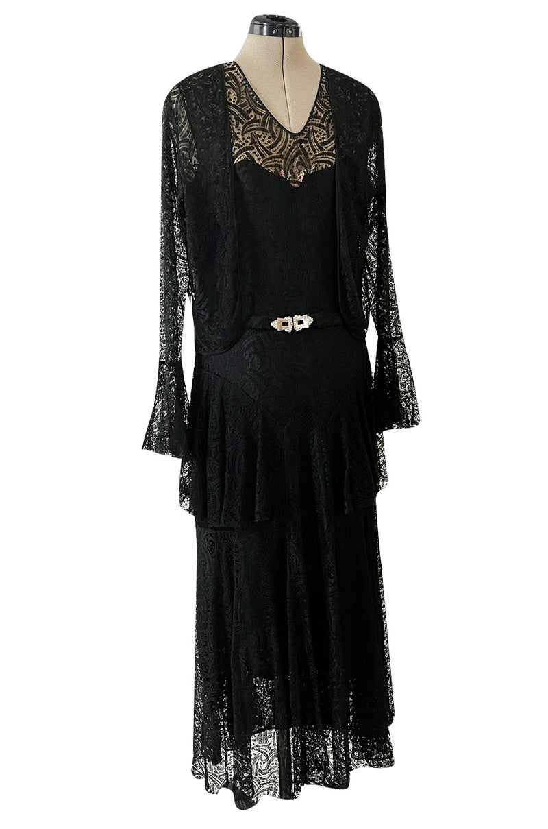 Light as Air Late 1920s Unlabeled Fine Black Lace Dress w Matching Jacket & Rhinestone BuckleBelt