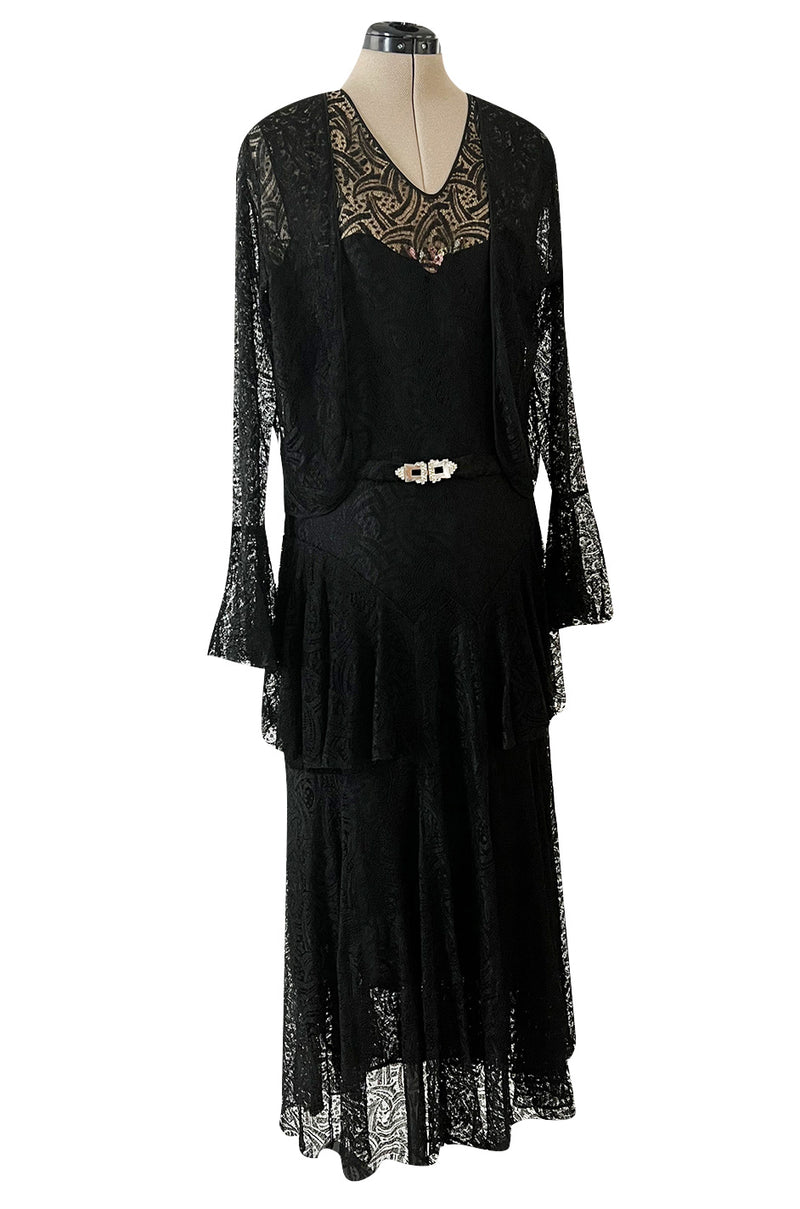 Light as Air Late 1920s Unlabeled Fine Black Lace Dress w Matching Jac Shrimpton Couture Light as Air Late 1920s Unlabeled Fine Black Lace Dress w Matching Jac Shrimpton Couture