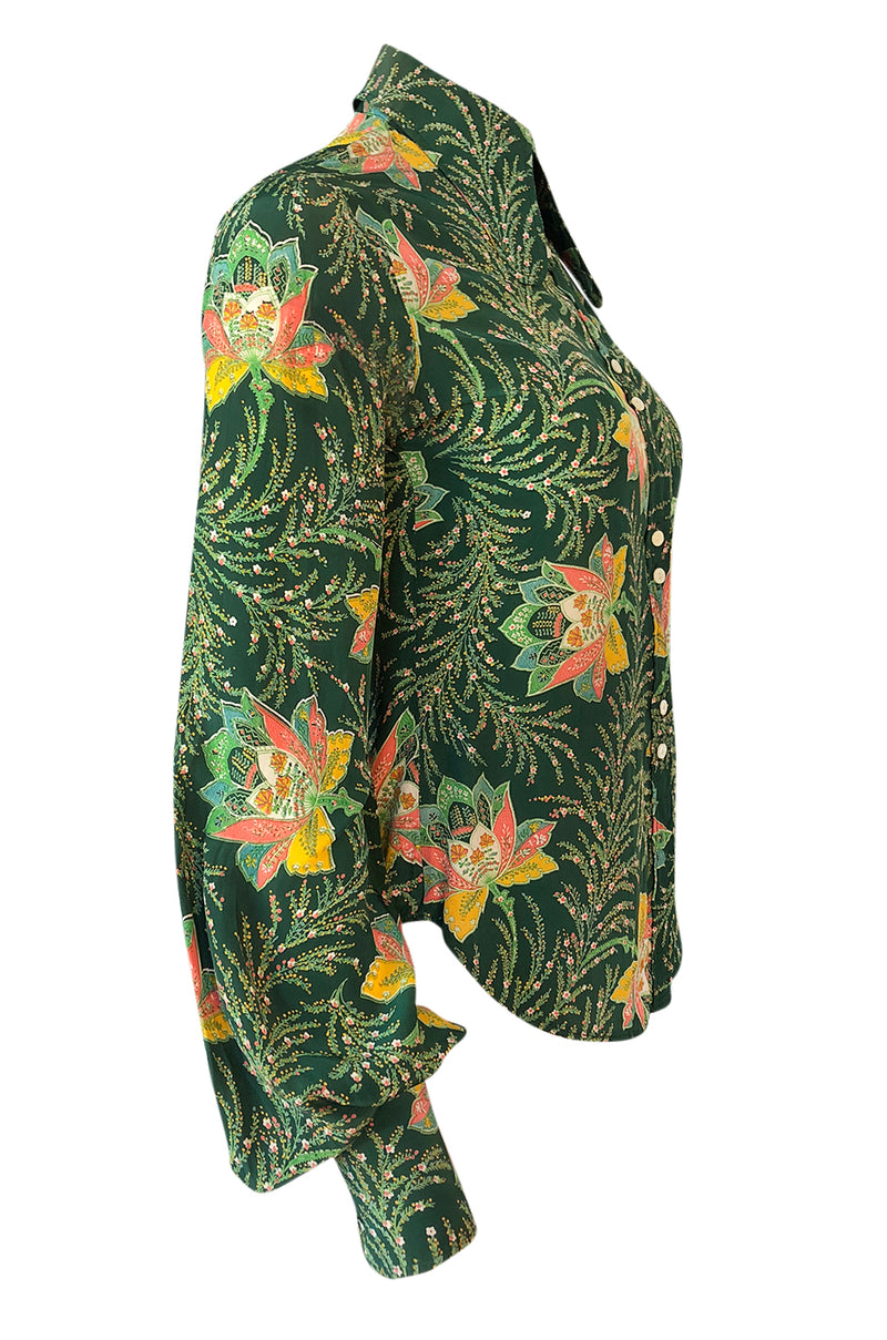 1970s Jeff Banks Green Floral Print Balloon Sleeve Silk Shirt