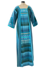 1960s Josefa Hand Made Ocean Blue Caftan Dress w Embroidery & Ribbon Details
