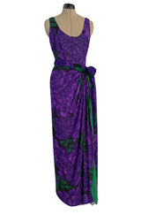 Gorgeous 1970s James Galanos Couture Purple & Green Print Silk Chiffon Dress w Draped Skirt