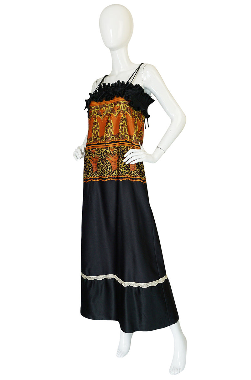 1970s Zandra Rhodes Print & Black Dramatic Lingerie Dress
