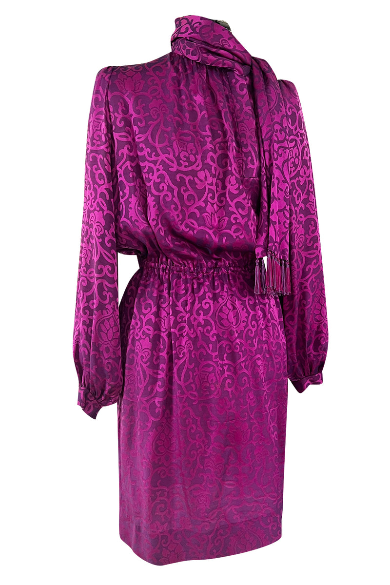 Chic Fall 1994 Yves Saint Laurent Haute Couture Silk Fuschia Dress w Fringed Scarf Detail