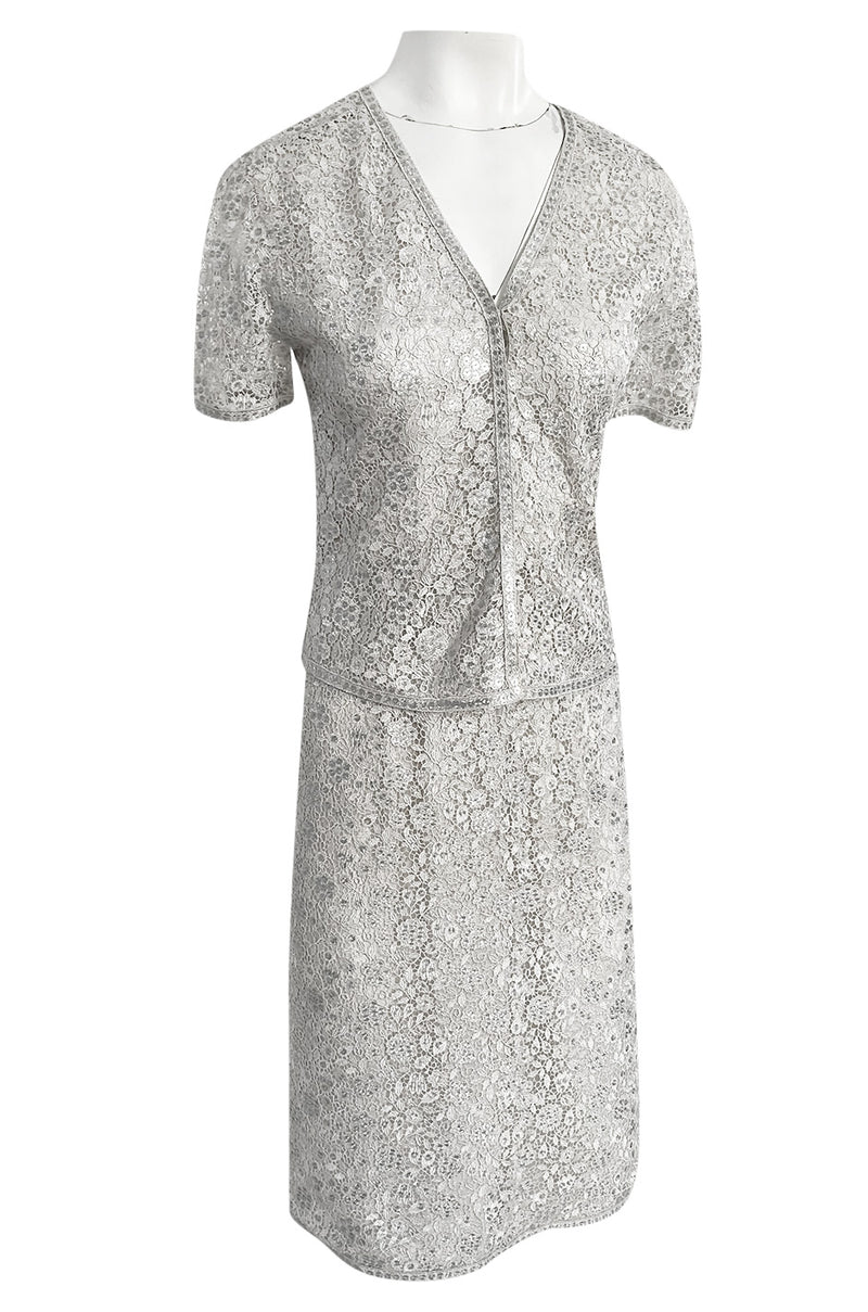 Fall 1975 Emanuel Ungaro Haute Couture Silver Grey Lace & Sequin Top & Skirt Evening Set