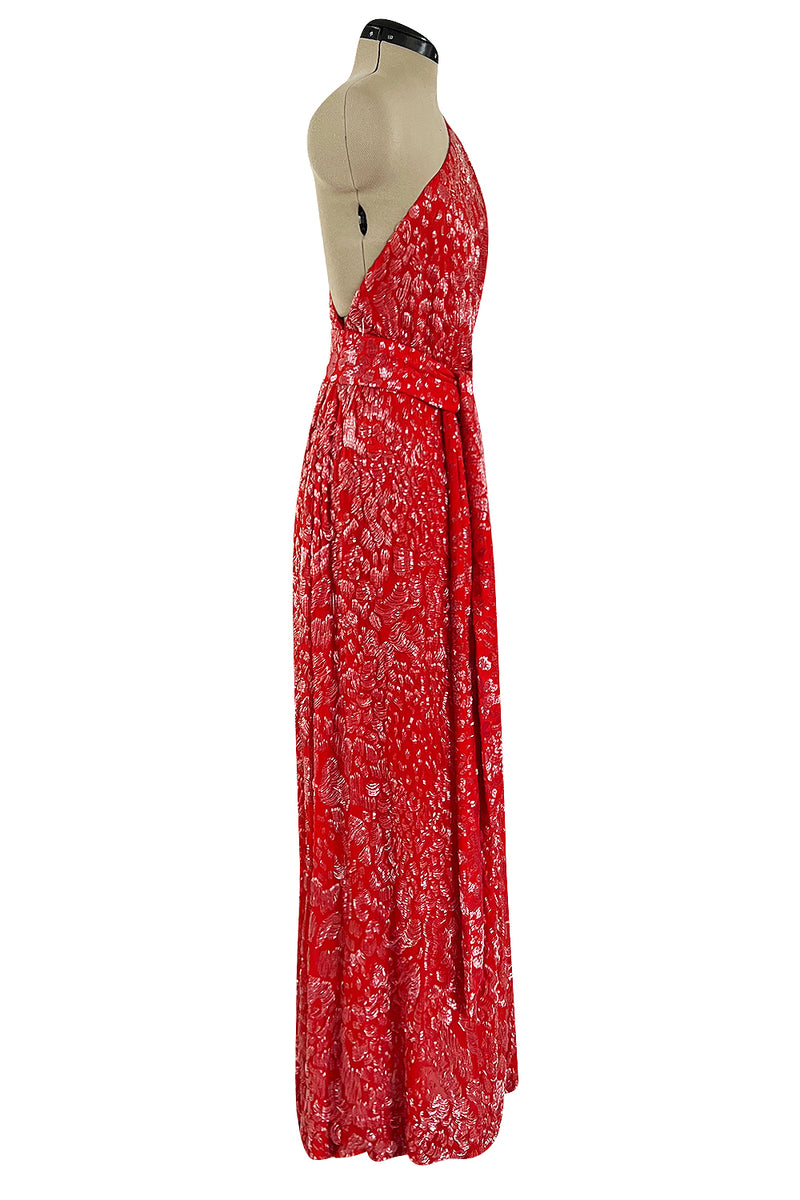 Spectacular 1980s Salvatore Ferragamo Red Glass Beaded One Shoulder Dress
