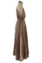 Incredible Spring 1977 Jean Patou by Angelo Tarlazzi Plunging Bronze Silk Lame Metallic Pleat Dress