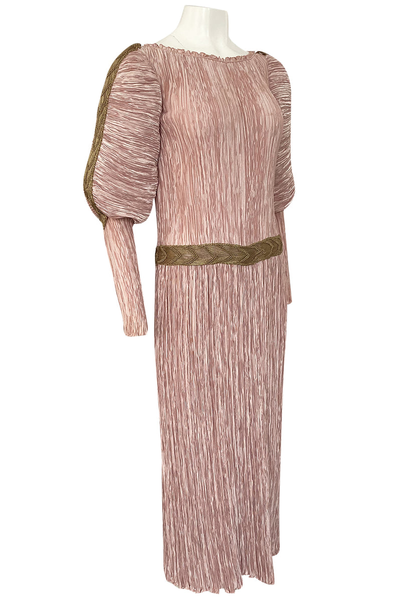 Spring 1984 Mary McFadden Dusky Pink & Gold Pleated Juliet Sleeve Dress