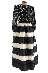 Spring 1988 Bill Blass Sequin Bodice w Ribbon Rosettes Black & White Silk Organza Dress
