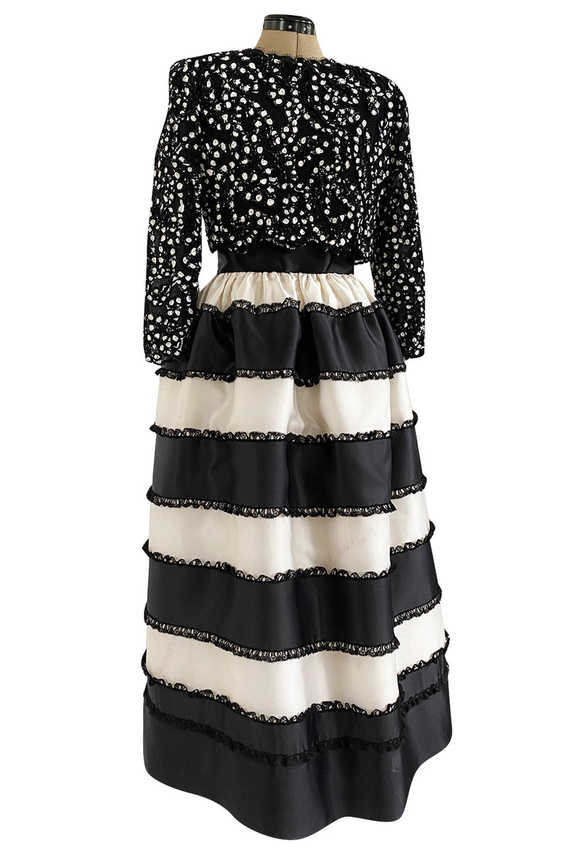 Spring 1988 Bill Blass Sequin Bodice w Ribbon Rosettes Black & White Silk Organza Dress