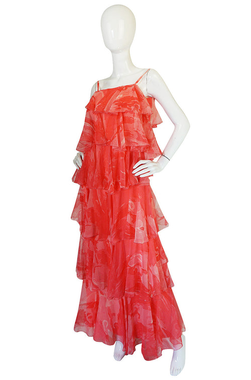 1960s Tiered & Ruffled Silk Chiffon Coral Maxi Dress