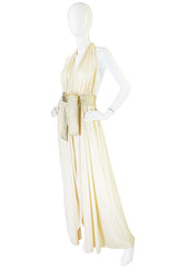 1980 Bill Tice Plunge Cream & Gold Backless Dress