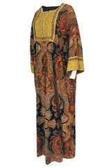 1960s Unlabeled Printed Velveteen & Elaborate Gold Braid Caftan Dress
