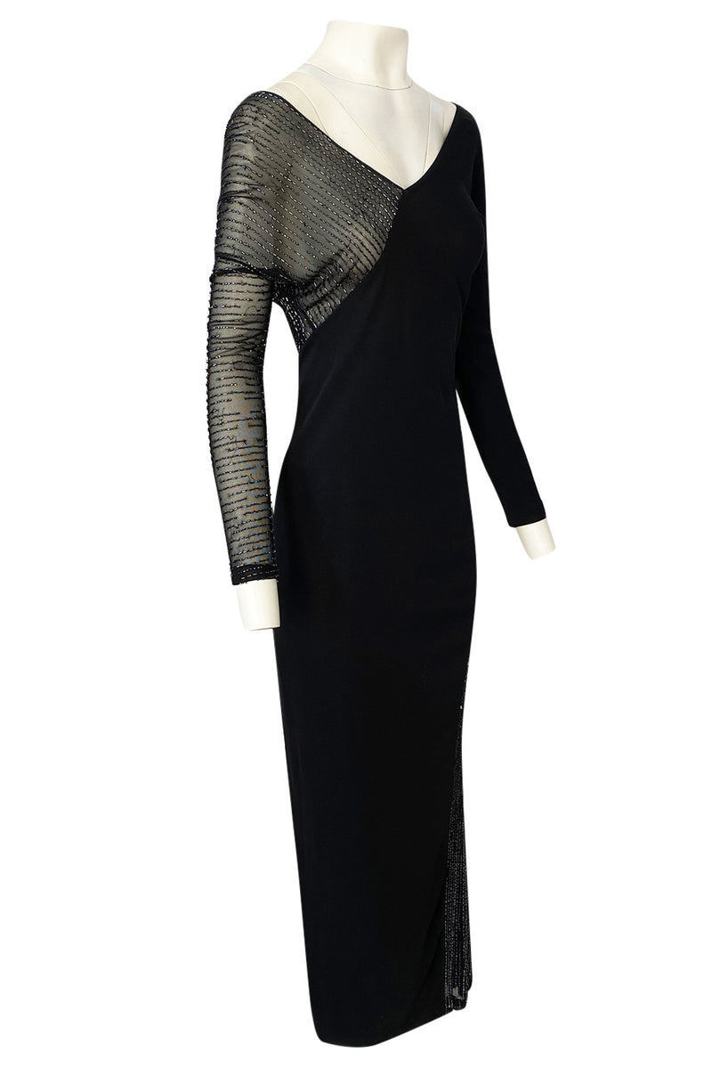 Fall 1997 Halston Black Bias Cut Jersey Dress w Transparent Beaded Net Panel