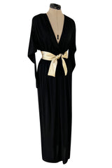 Documented 1980 Bill Tice Plunging Front Black Jersey Dress w Top Stitched Gold Belt