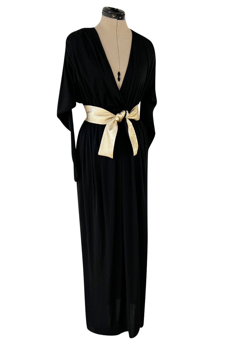 Documented 1980 Bill Tice Plunging Front Black Jersey Dress w Top Stitched Gold Belt
