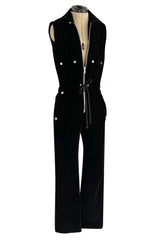 Brilliant 1971 Andre Courreges Black Velvet Jumpsuit w Silver Studs & Zip Front