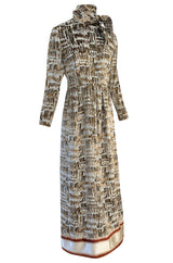 1960s Bill Blass Metallic Gold & Ivory Fused Silk Velvet Dress w Attached Neck Tie