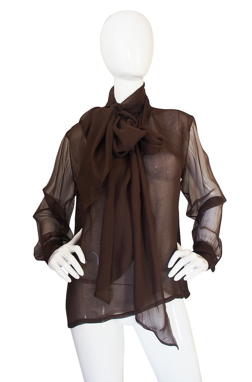 1970s Yves Saint Laurent Chocolate Silk Chiffon Top