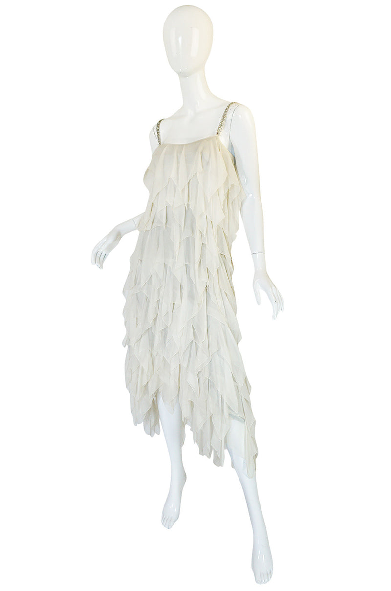 1970s Ivory Silk Chiffon & Silver Stavropoulos Petal Dress
