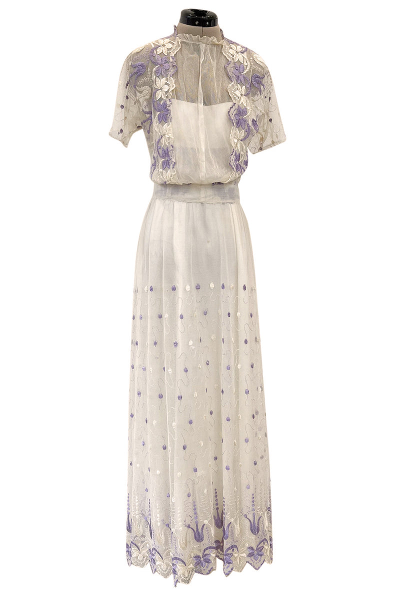 Ethereal 1930s Ivory Silk Tulle Net Dress w Pale Lavender & Cream Flor Shrimpton Couture Ethereal 1930s Ivory Silk Tulle Net Dress w Pale Lavender & Cream Flor Shrimpton Couture