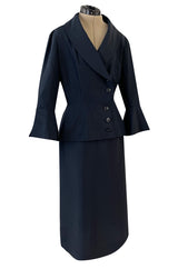 Stunning 1950s Jacques Fath Deep Navy Blue Silk Button Vent & Side Button Jacket Suit