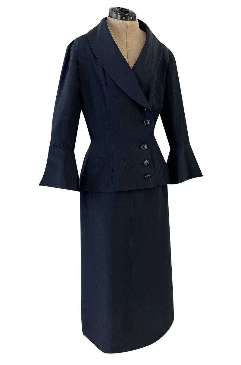 Stunning 1950s Jacques Fath Deep Navy Blue Silk Button Vent & Side But ...