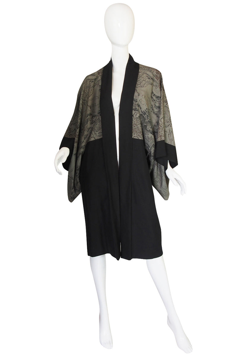 1950s Scenery Print & Black Silk Kimono
