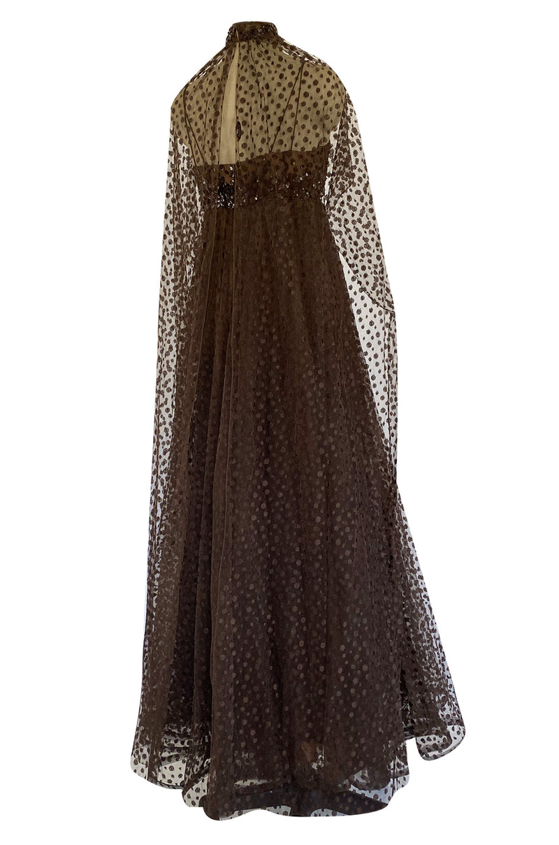 1960s Alfred Bosand Sequin Bodice Dotted Deep Brown Silk Net Dress W Matching Cape Overlay