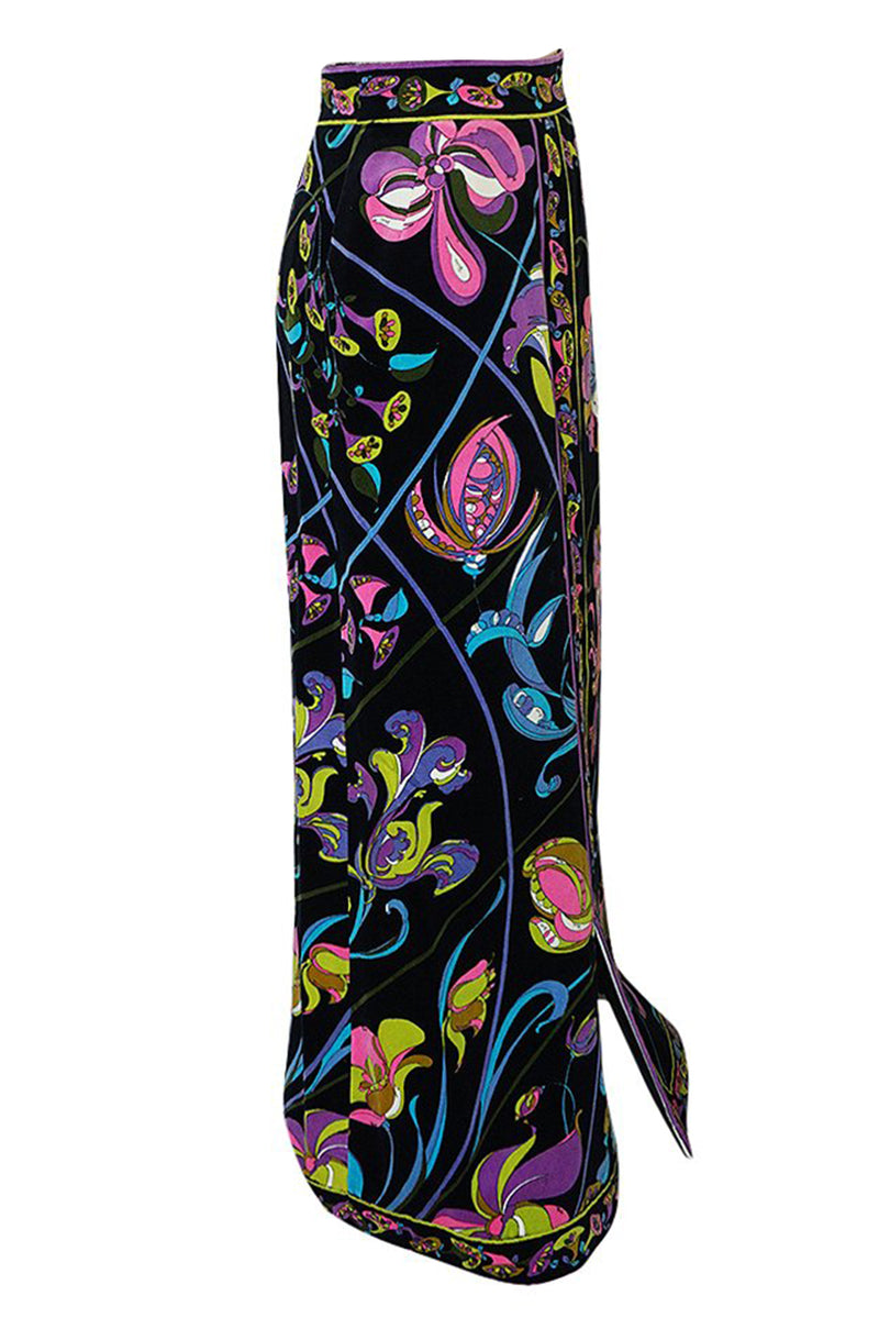 1960s Emilio Pucci Black Velvet With Vivid Floral Print Skirt