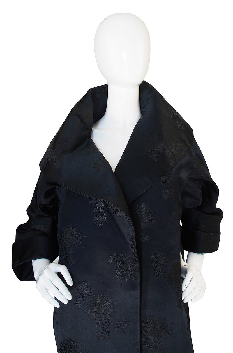 Dramatic 1950s Woven Floral Black Silk Opera Coat