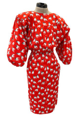 Iconic Spring 1987 Yves Saint Laurent Runway French Bulldog Printed Red Dress
