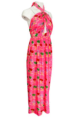 1973 Oscar de la Renta Brilliant Pink Backless Halter Dress w Front Keyhole