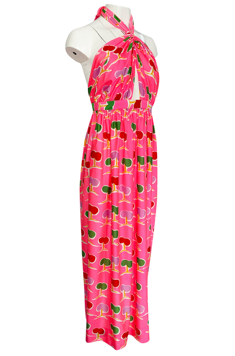 1973 Oscar de la Renta Brilliant Pink Backless Halter Dress w Front Keyhole