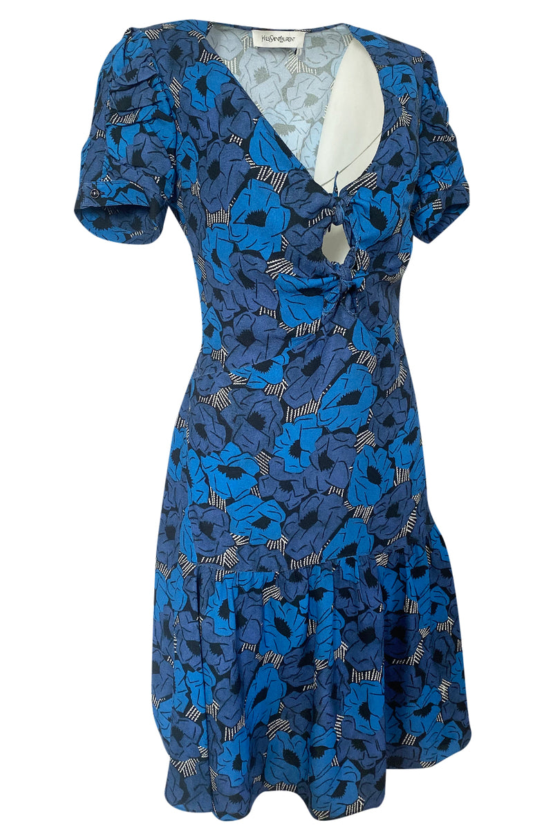 Resort 2012 Yves Saint Laurent Tie Front Blue Print Crepe Dress