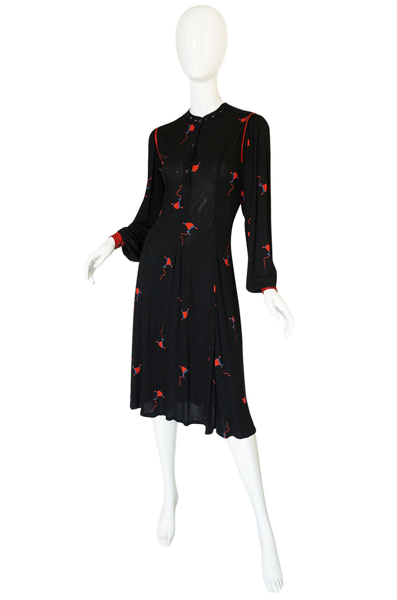 1970s Ann Buck Jersey with Leather Trim Print Dress