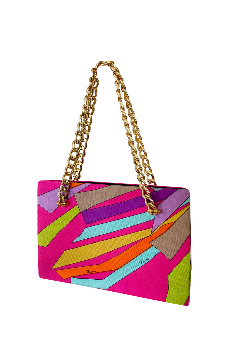 1960s Emilio Pucci Vivid Pink Multi Color Silk Evening Bag w Gold Chains