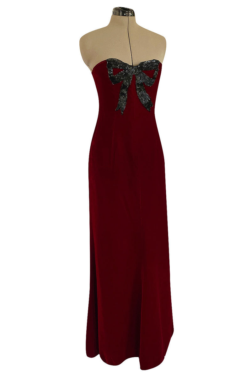 Gorgeous 1980s Oscar de la Renta Black Beaded Bow Dress in a Rich Ruby Red Velvet