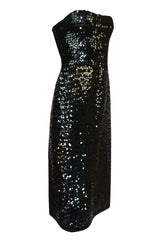 Early 1980s Roland Klein Glossy Black Strapless Sequin Dress