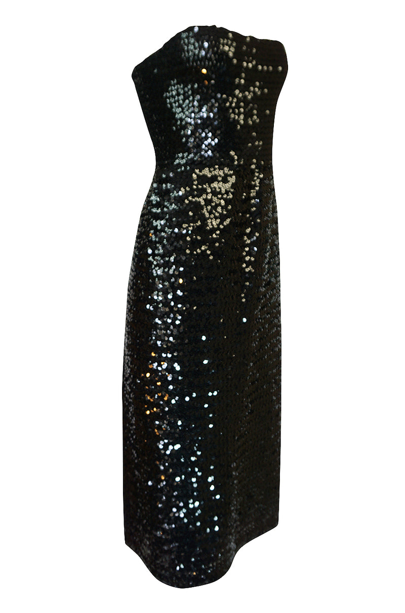 Early 1980s Roland Klein Glossy Black Strapless Sequin Dress